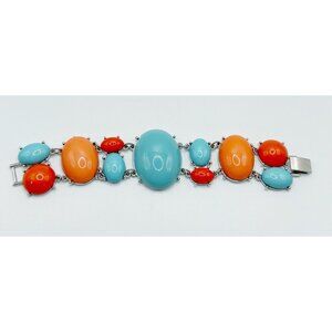 Teal & Coral‎ Cabochon Chunky Silvertone Bracelet